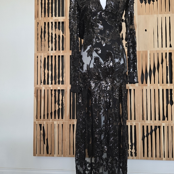 Black Sequin Gown Sheer Sleeves & Train Deep V - Picture 2 of 9